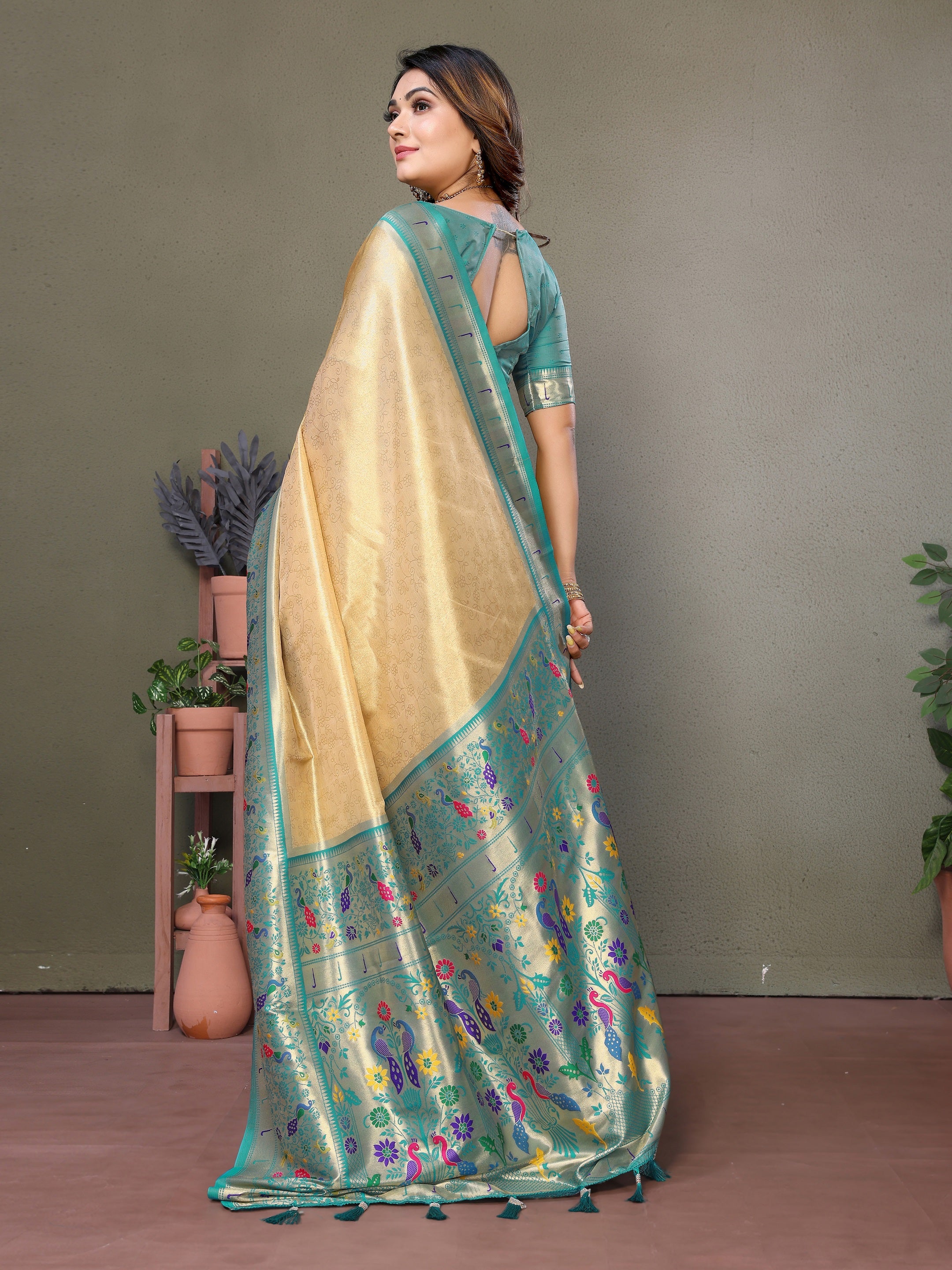 Vedant Vastram Tissue Silk Paithani Silk Saree - Light Yellow - Distacart