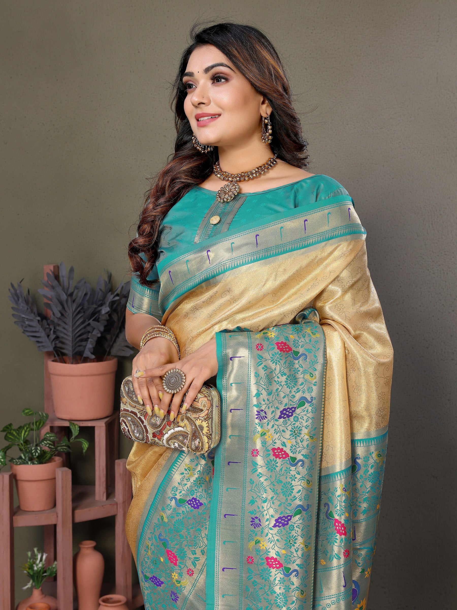 Vedant Vastram Tissue Silk Paithani Silk Saree - Light Yellow - Distacart