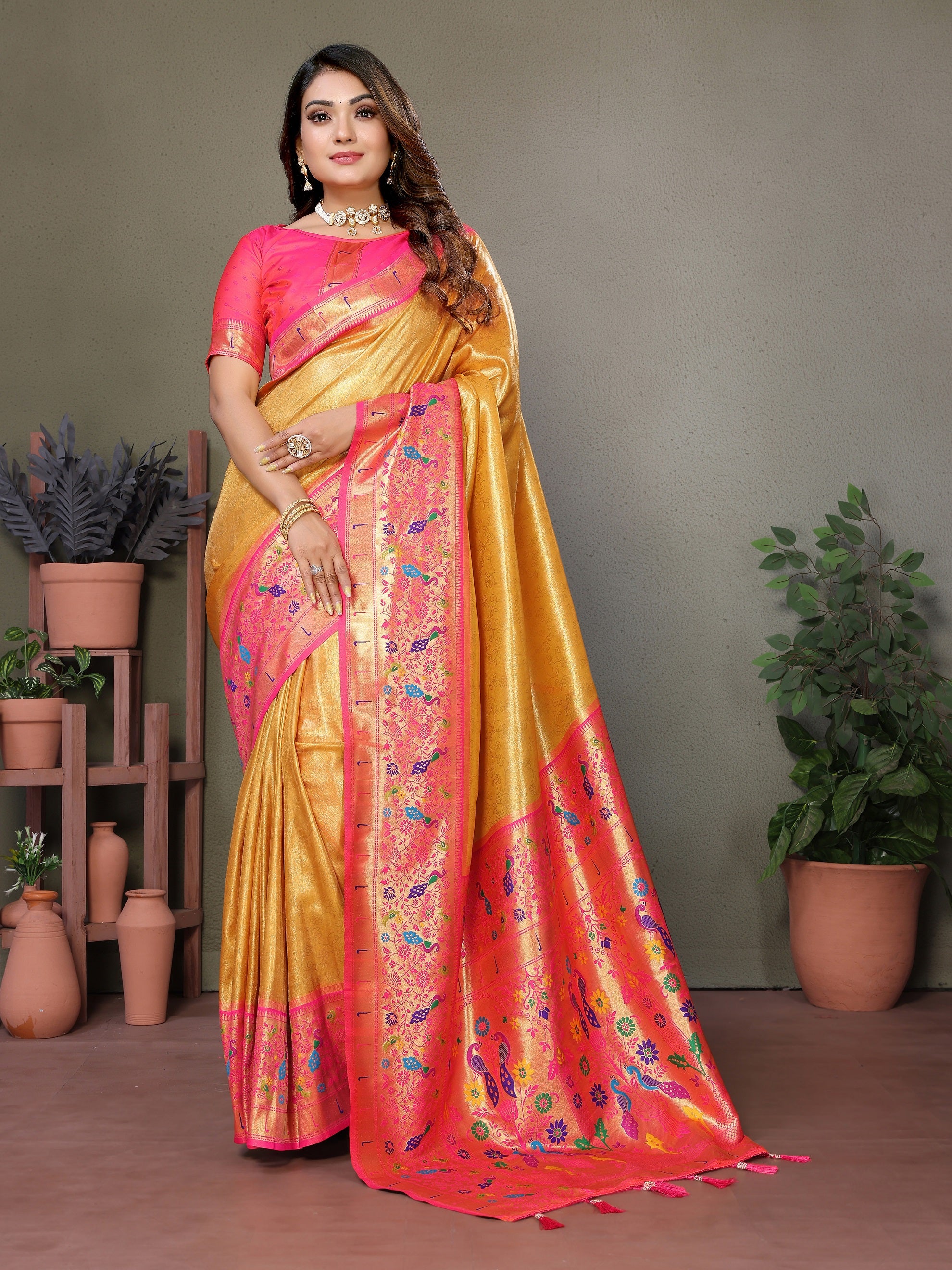 Vedant Vastram Tissue Silk Paithani Silk Saree - Mustard - Distacart