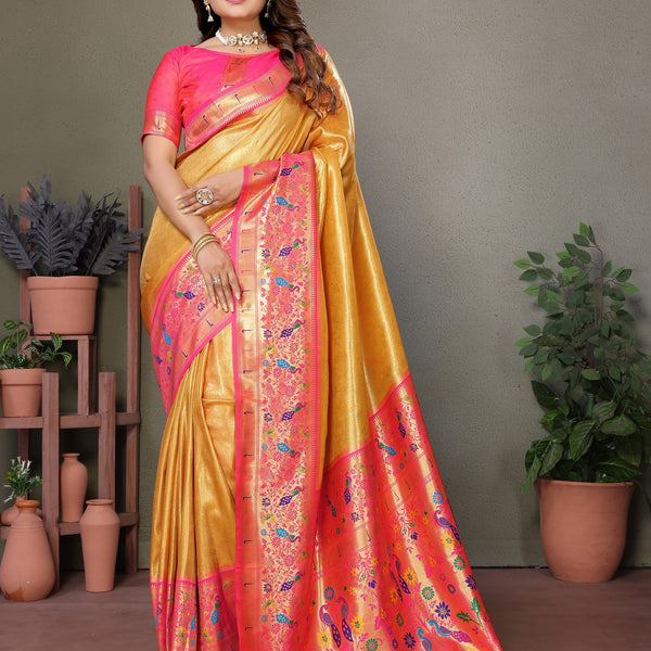 Vedant Vastram Tissue Silk Paithani Silk Saree - Mustard - Distacart