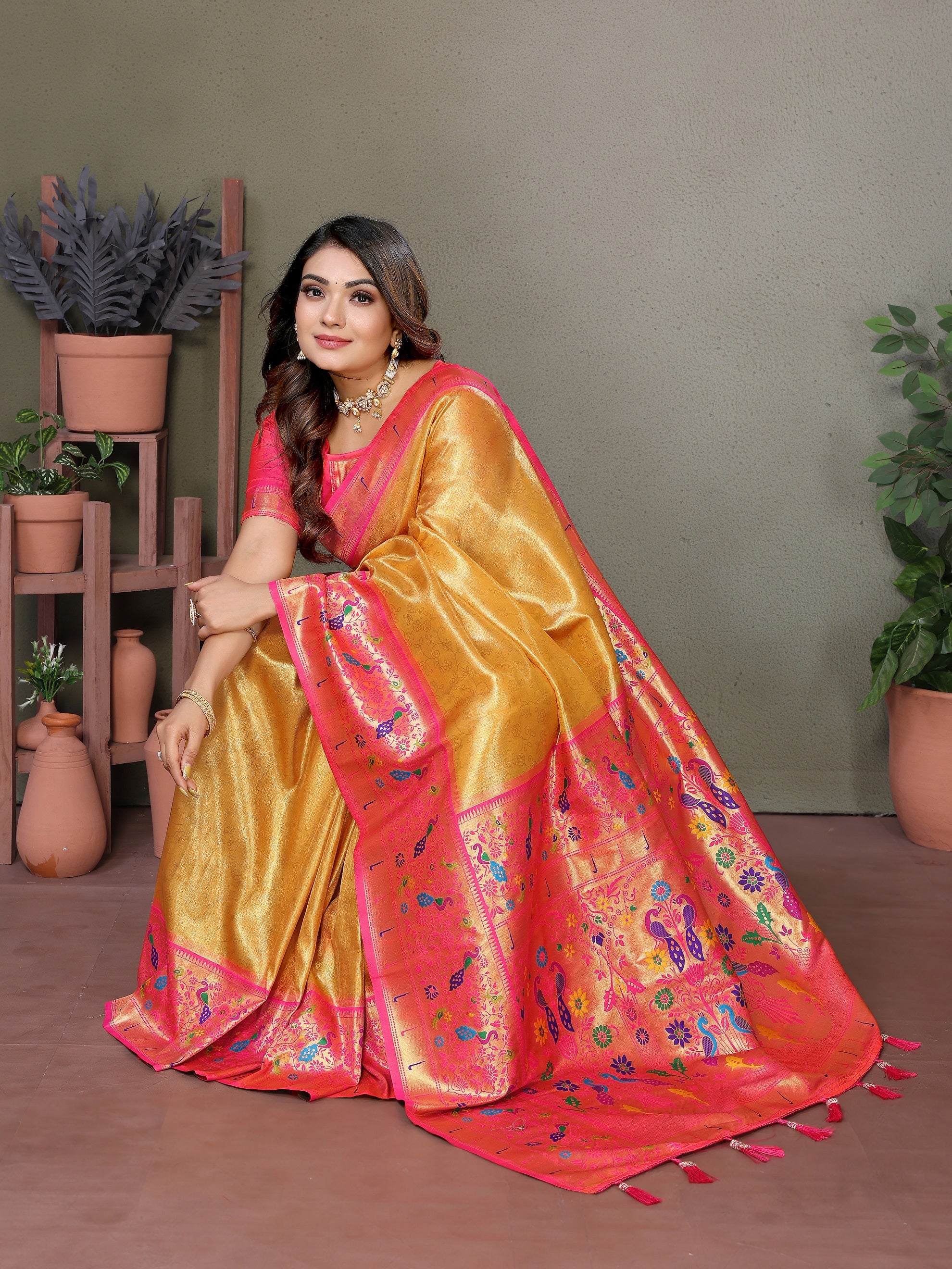 Vedant Vastram Tissue Silk Paithani Silk Saree - Mustard - Distacart
