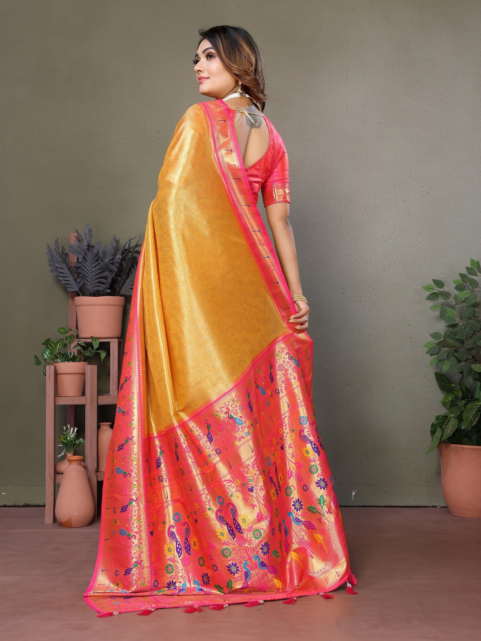 Vedant Vastram Tissue Silk Paithani Silk Saree - Mustard - Distacart