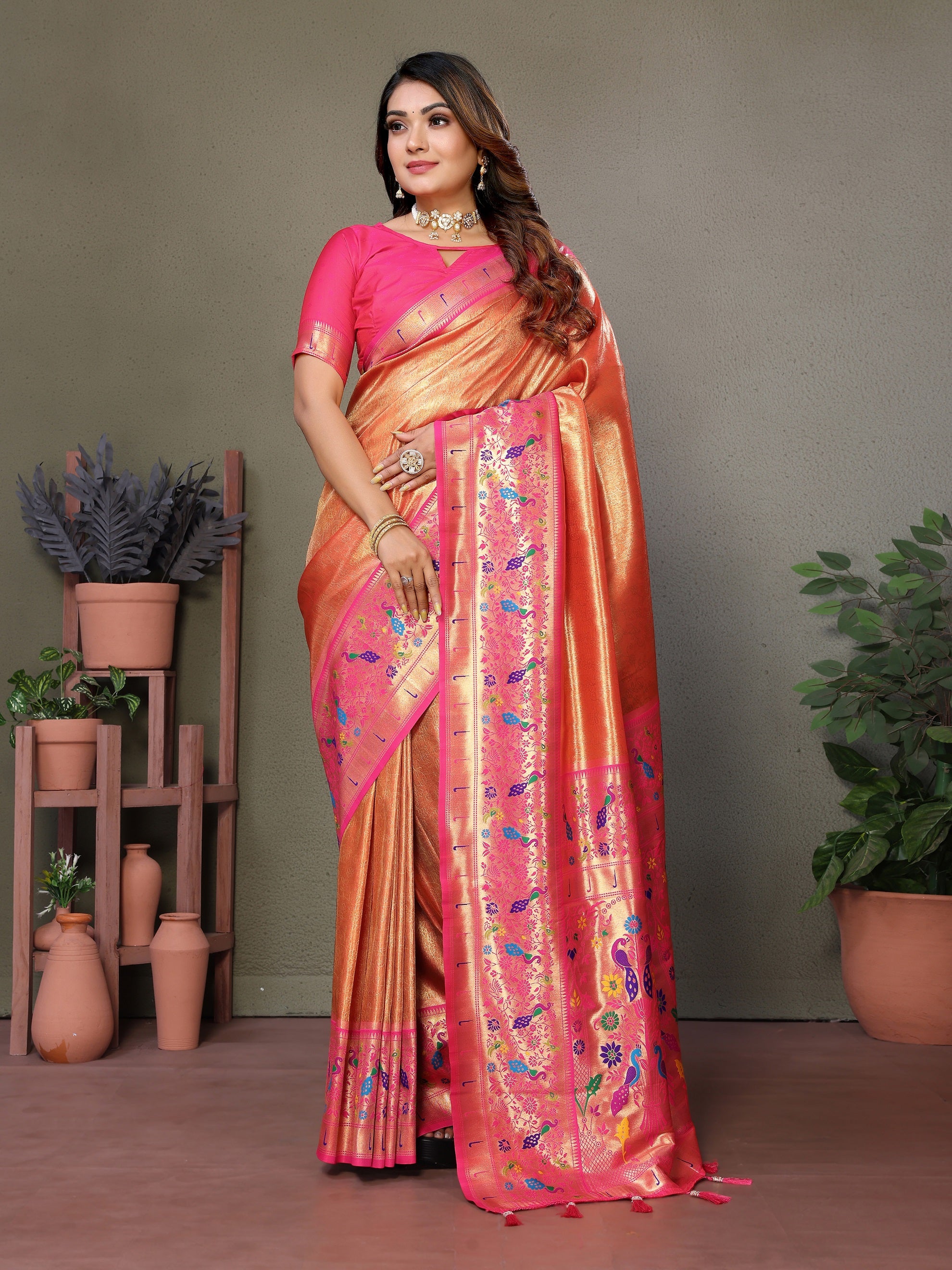 Vedant Vastram Tissue Silk Paithani Silk Saree - Orange - Distacart