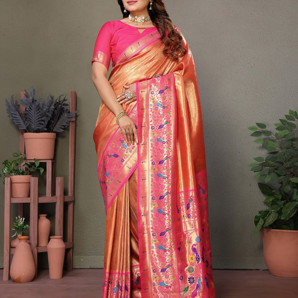 Vedant Vastram Tissue Silk Paithani Silk Saree - Orange - Distacart