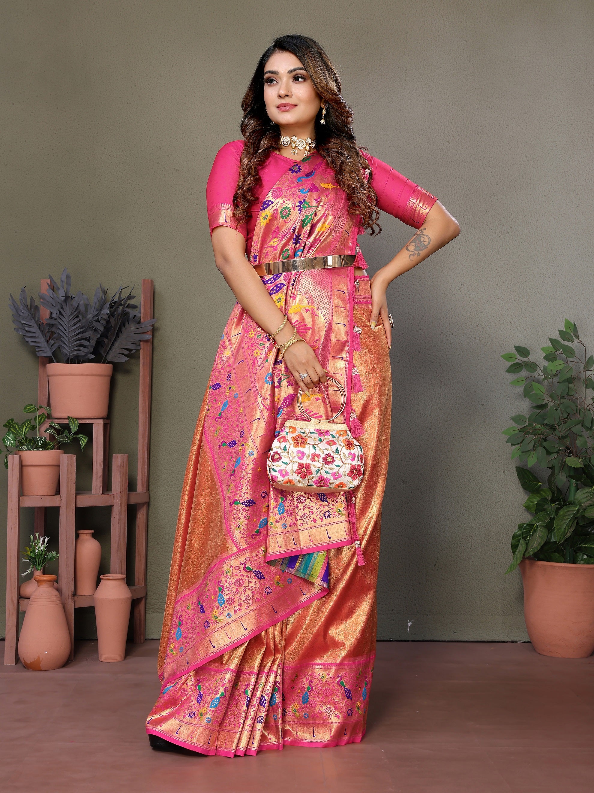 Vedant Vastram Tissue Silk Paithani Silk Saree - Orange - Distacart