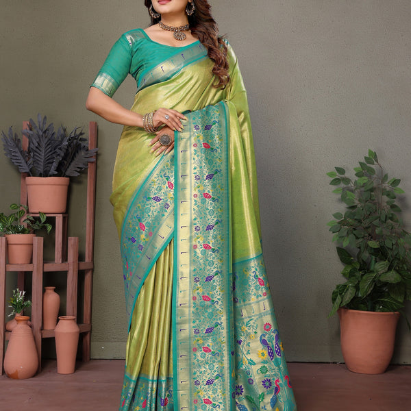 Vedant Vastram Tissue Silk Paithani Silk Saree - Parrot - Distacart