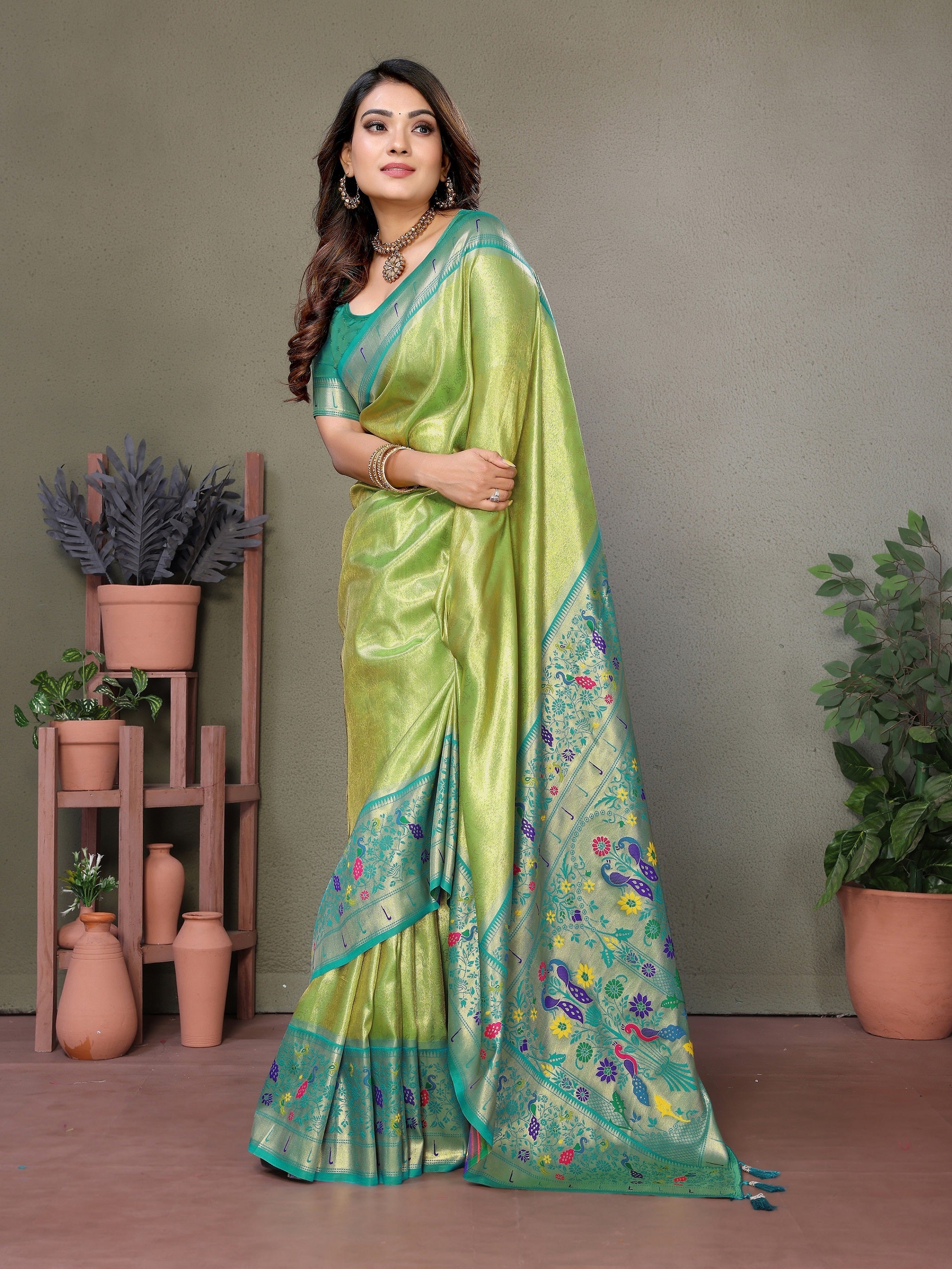 Vedant Vastram Tissue Silk Paithani Silk Saree - Parrot - Distacart