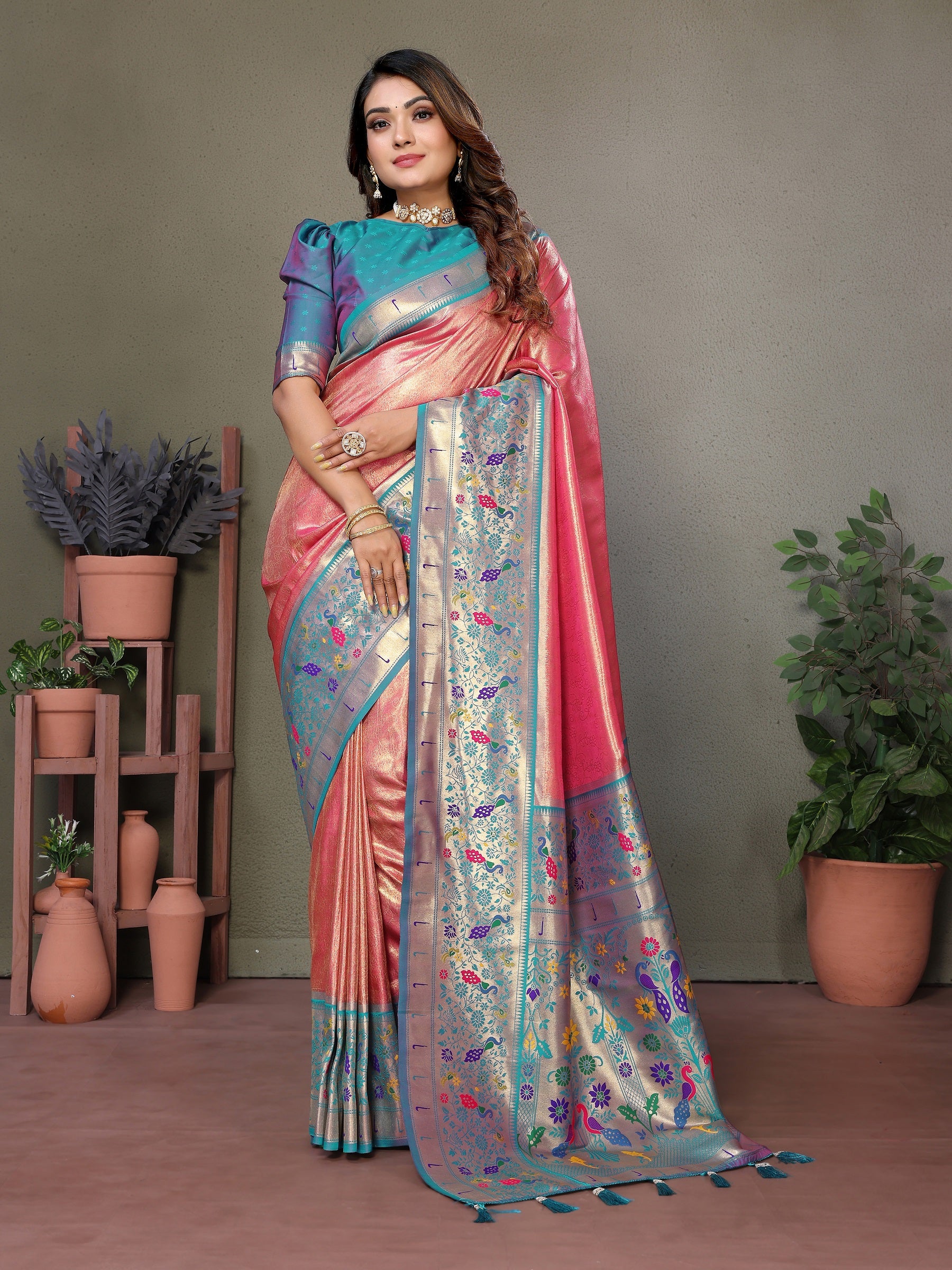 Vedant Vastram Tissue Silk Paithani Silk Saree - Peach - Distacart