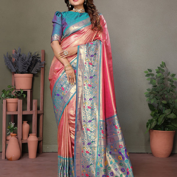 Vedant Vastram Tissue Silk Paithani Silk Saree - Peach - Distacart