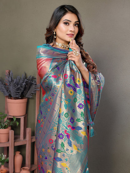 Vedant Vastram Tissue Silk Paithani Silk Saree - Peach - Distacart
