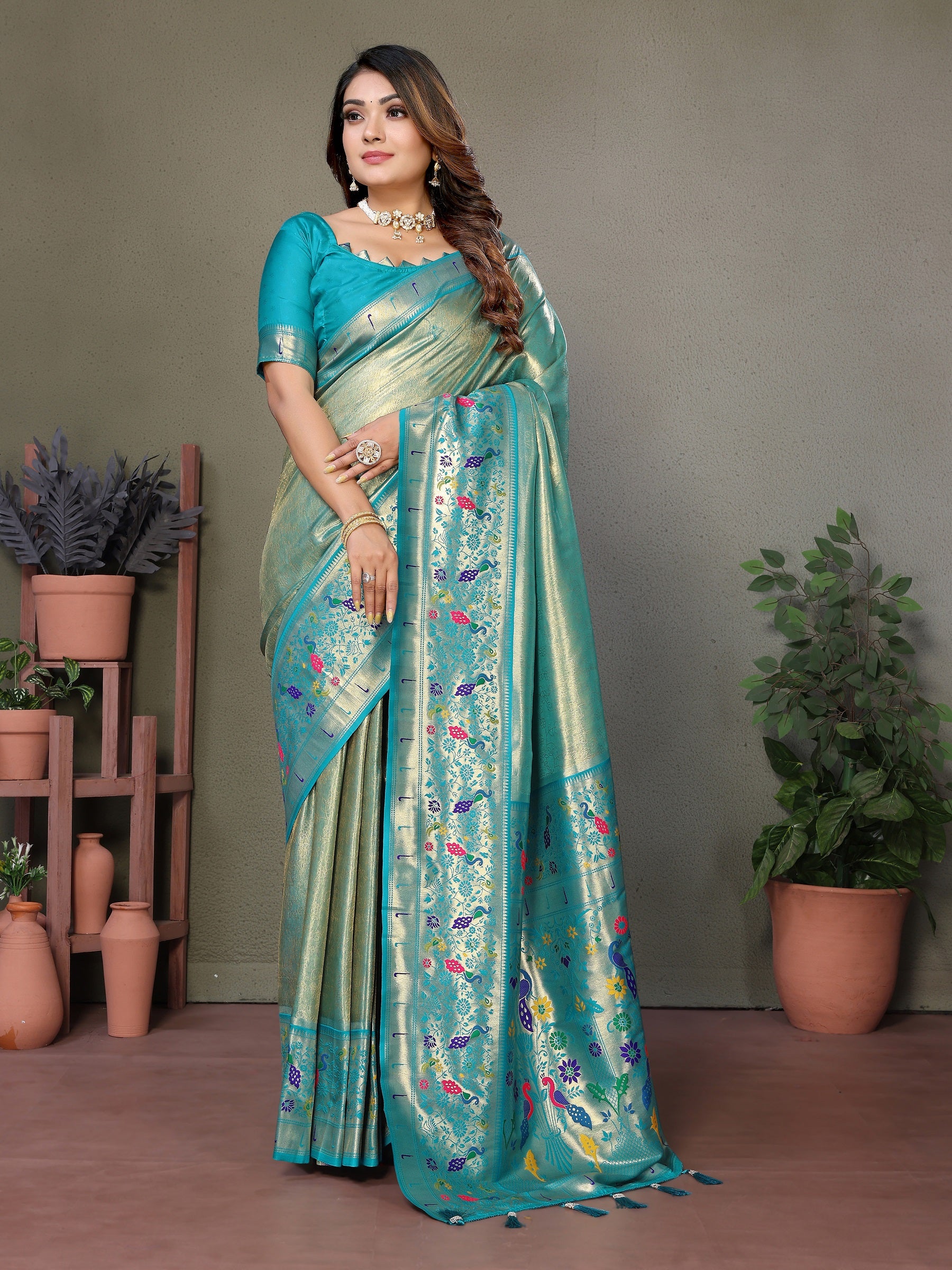 Vedant Vastram Tissue Silk Paithani Silk Saree - Rama - Distacart