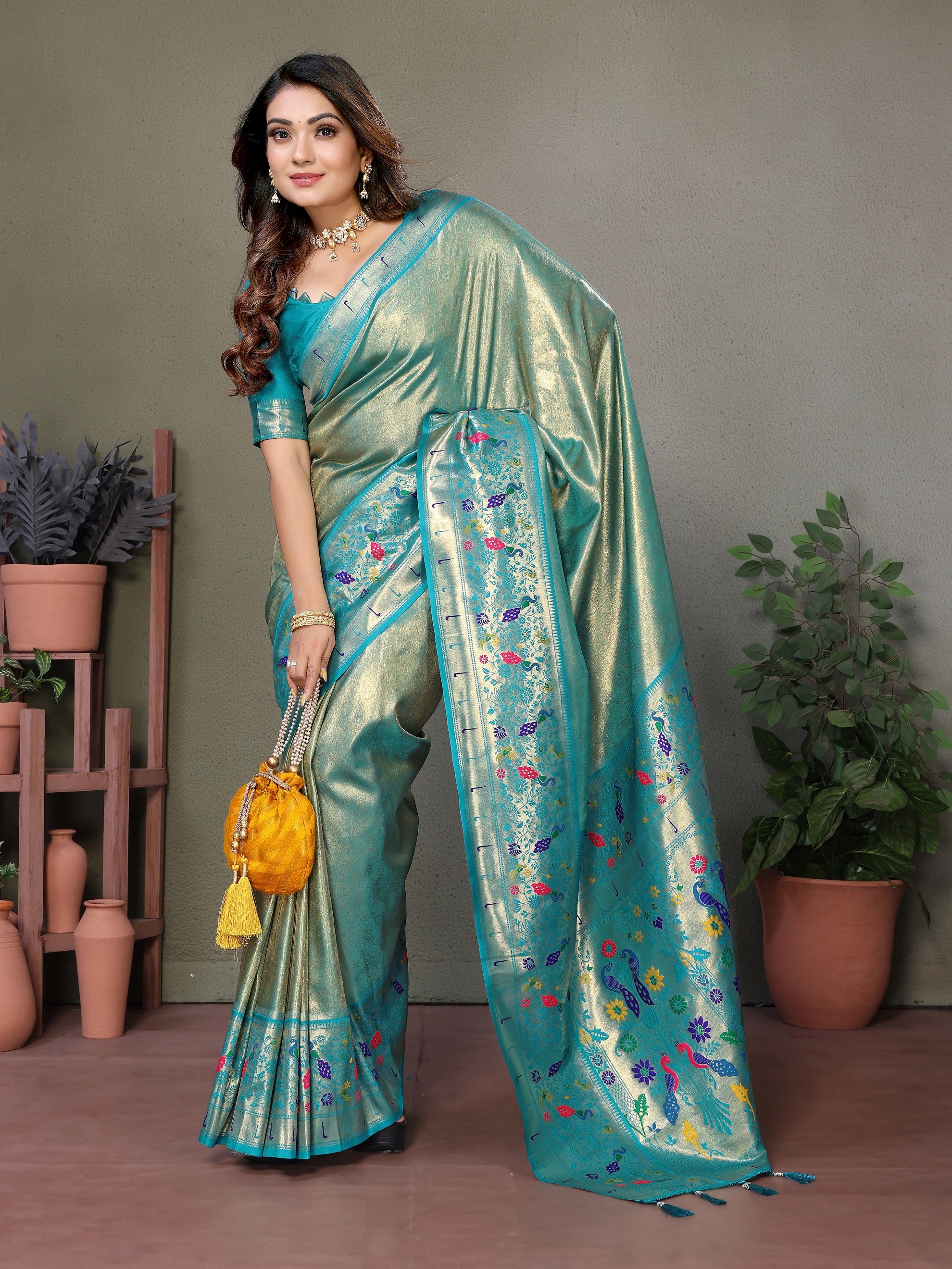Vedant Vastram Tissue Silk Paithani Silk Saree - Rama - Distacart