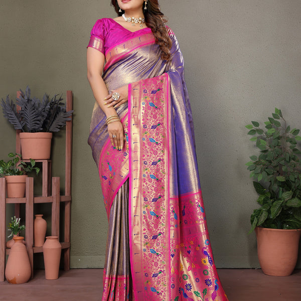 Vedant Vastram Tissue Silk Paithani Silk Saree - Sky Blue - Distacart