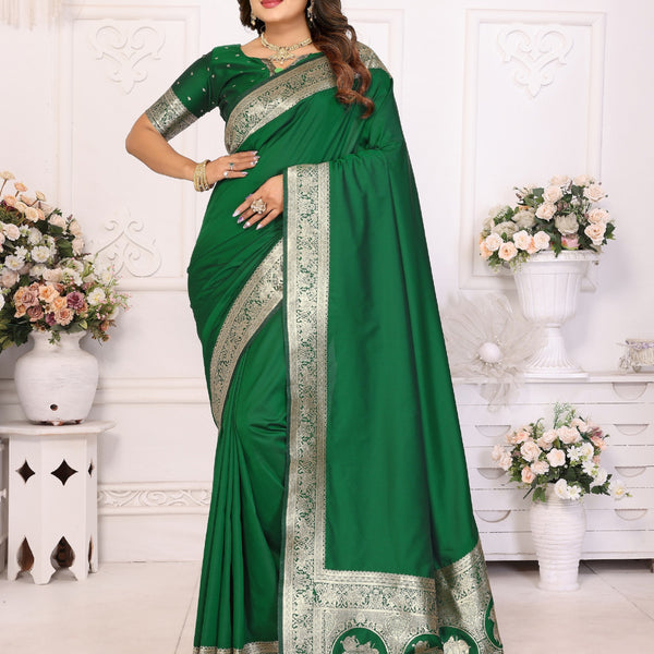 Vedant Vastram Soft Litchi Silk Banarasi Silk Saree - Green - Distacart