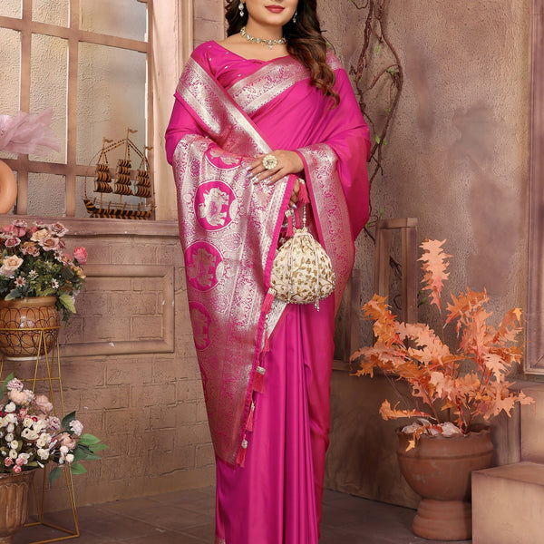 Vedant Vastram Soft Litchi Silk Banarasi Silk Saree - Magenta - Distacart