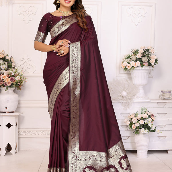 Vedant Vastram Soft Litchi Silk Banarasi Silk Saree - Maroon - Distacart