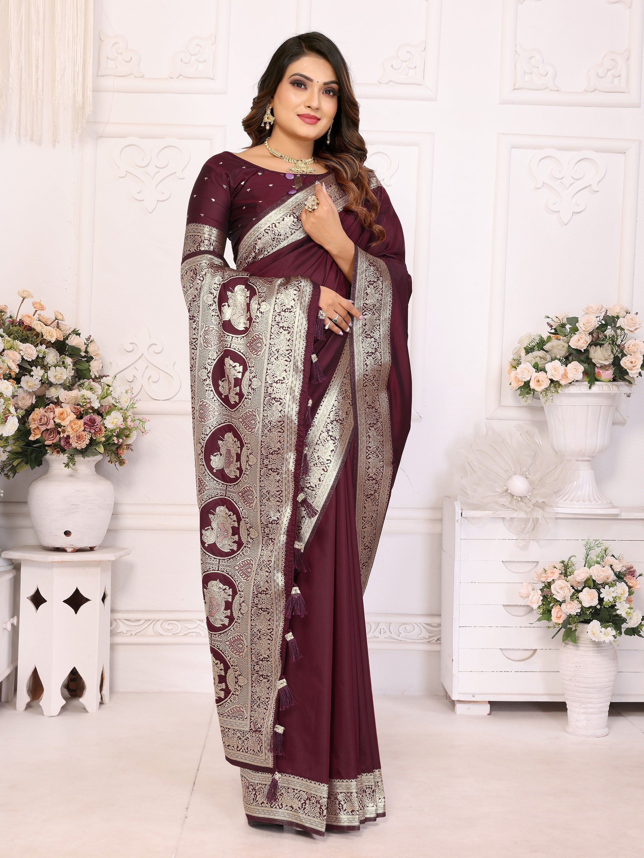 Vedant Vastram Soft Litchi Silk Banarasi Silk Saree - Maroon - Distacart