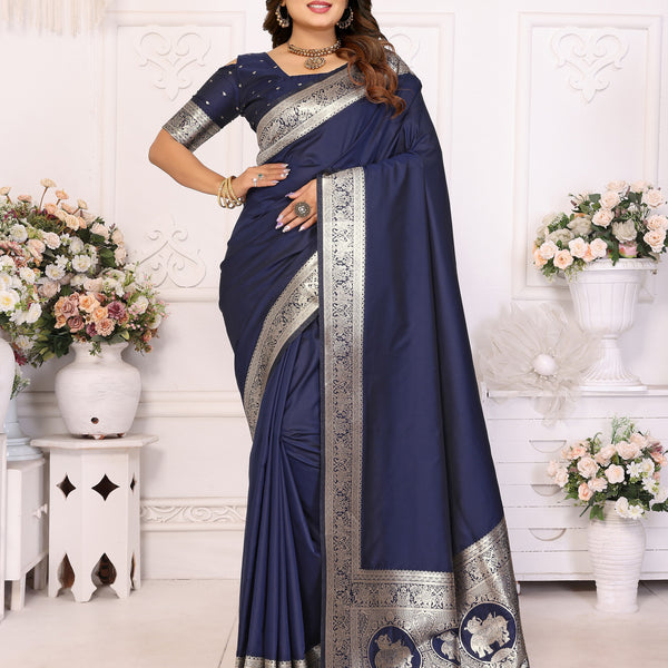 Vedant Vastram Soft Litchi Silk Banarasi Silk Saree - Navy - Distacart
