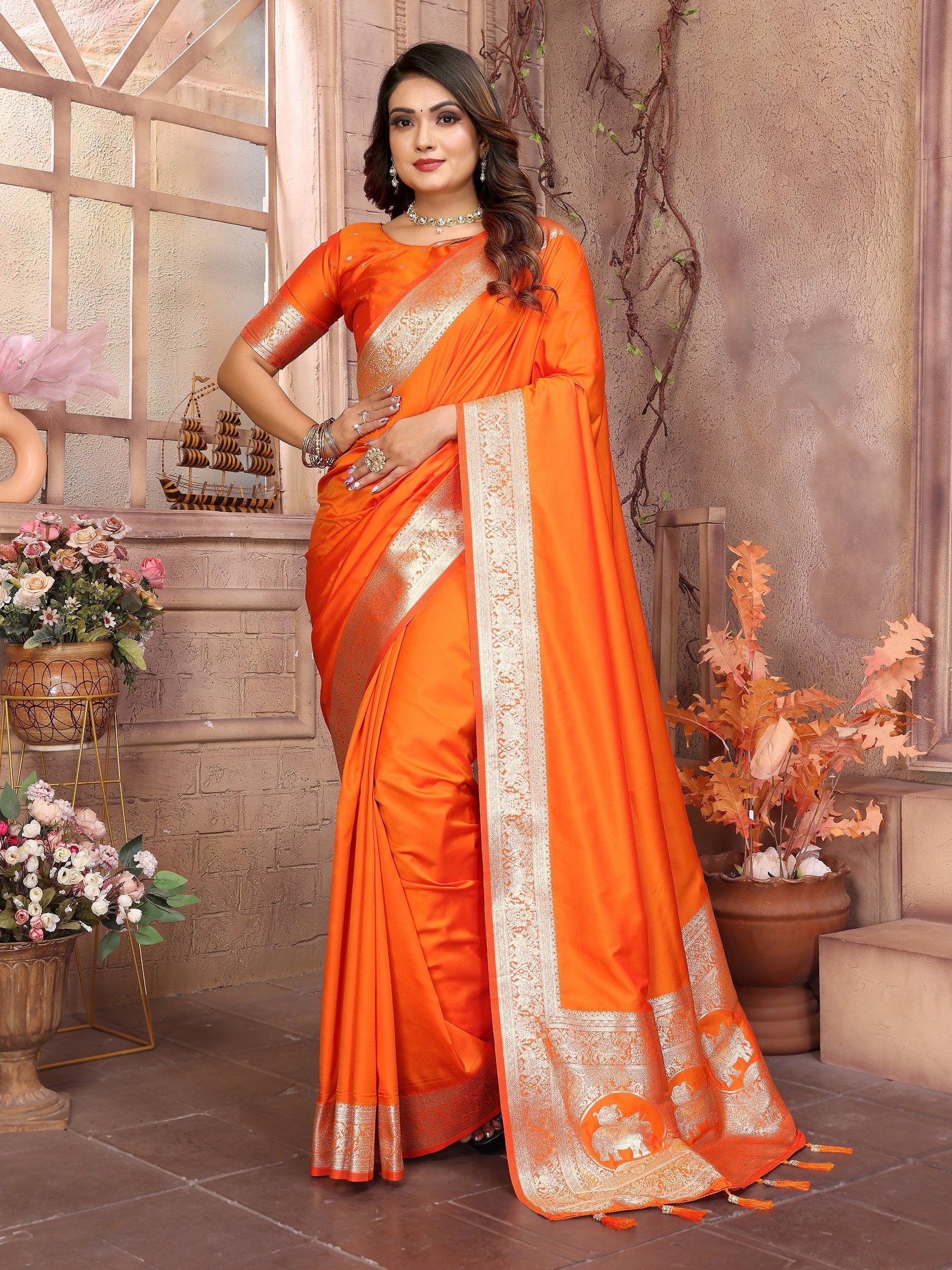 Vedant Vastram Soft Litchi Silk Banarasi Silk Saree - Orange - Distacart