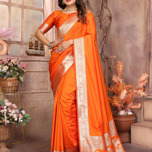 Vedant Vastram Soft Litchi Silk Banarasi Silk Saree - Orange - Distacart
