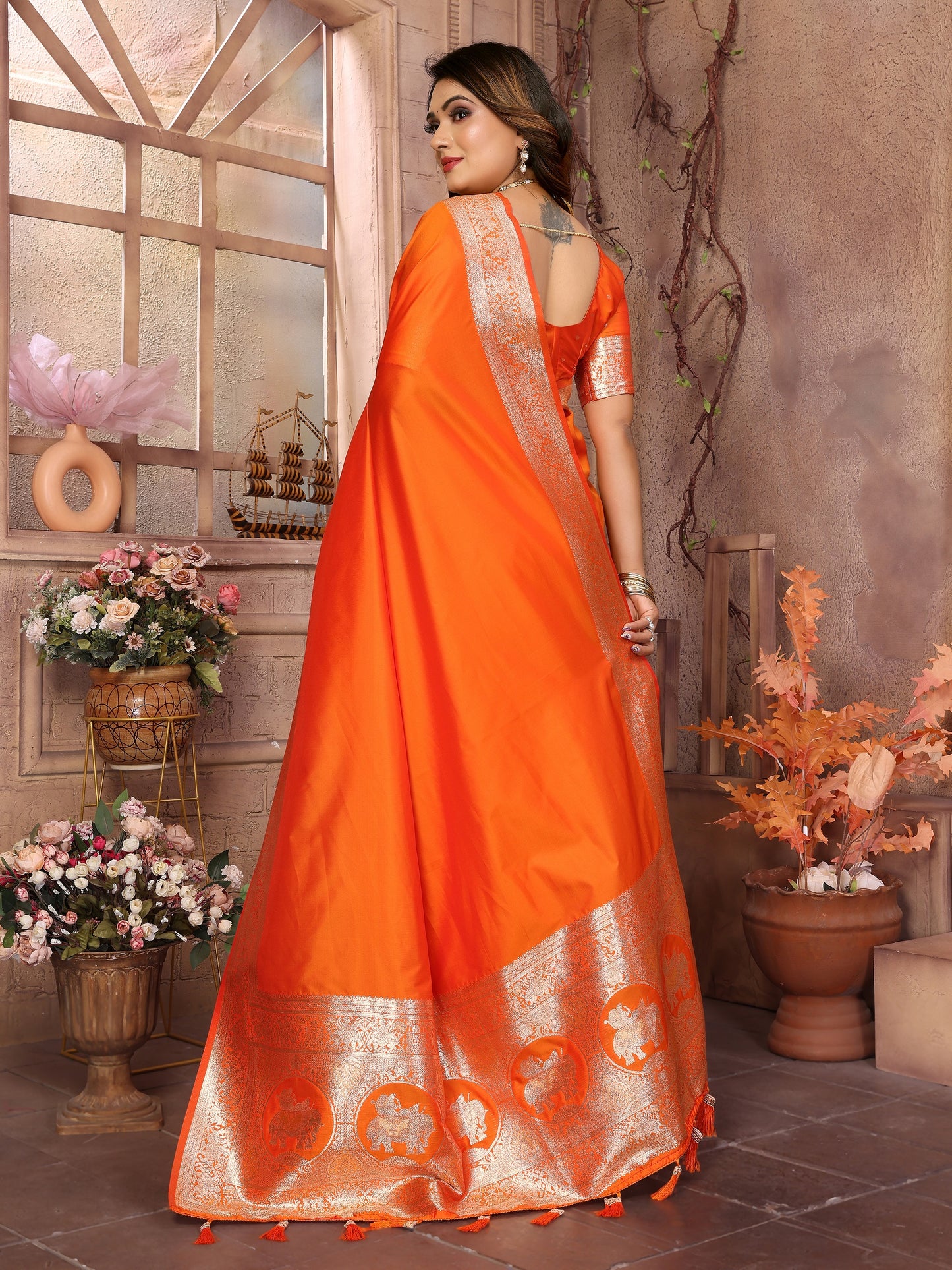 Vedant Vastram Soft Litchi Silk Banarasi Silk Saree - Orange - Distacart