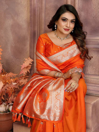 Vedant Vastram Soft Litchi Silk Banarasi Silk Saree - Orange - Distacart
