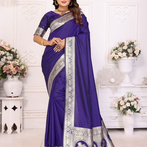 Vedant Vastram Soft Litchi Silk Banarasi Silk Saree - Violet - Distacart
