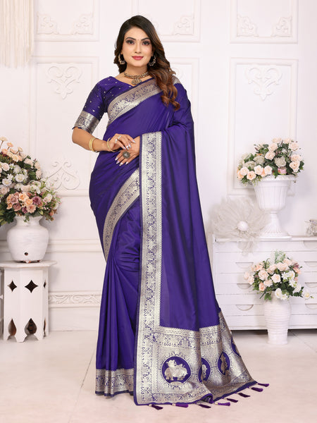 Vedant Vastram Soft Litchi Silk Banarasi Silk Saree - Violet - Distacart