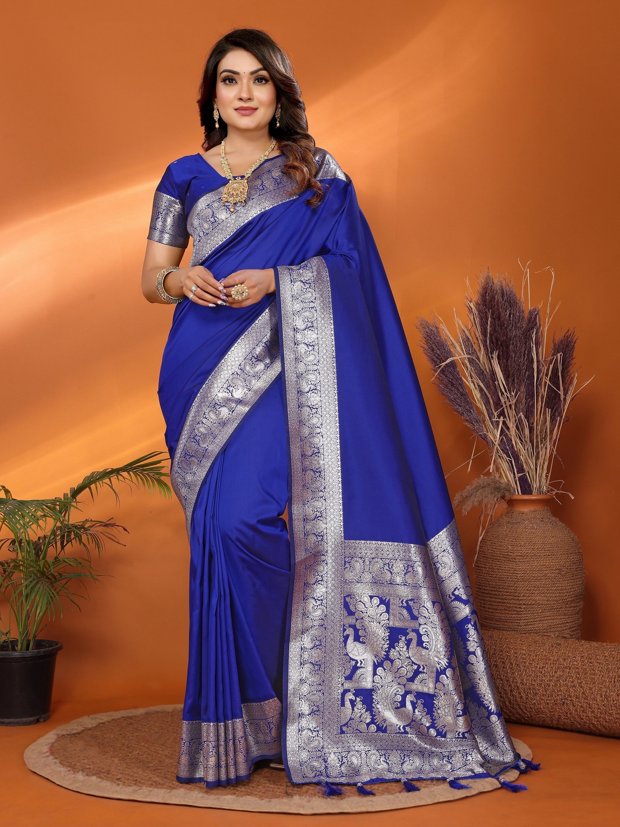 Vedant Vastram Soft Litchi Silk Banarasi Silk Saree - Blue - Distacart
