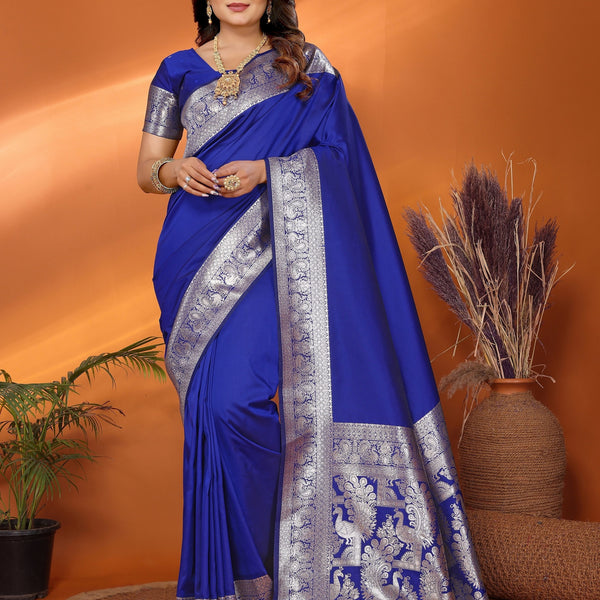 Vedant Vastram Soft Litchi Silk Banarasi Silk Saree - Blue - Distacart