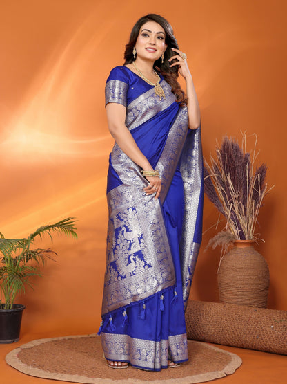 Vedant Vastram Soft Litchi Silk Banarasi Silk Saree - Blue - Distacart