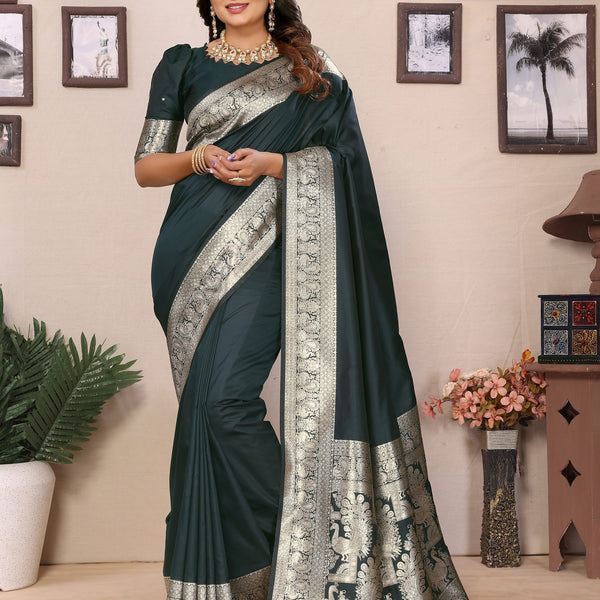 Vedant Vastram Soft Litchi Silk Banarasi Silk Saree - Green - Distacart