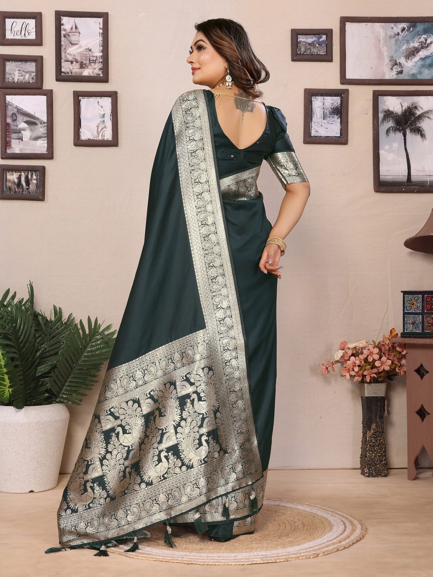 Vedant Vastram Soft Litchi Silk Banarasi Silk Saree - Green - Distacart