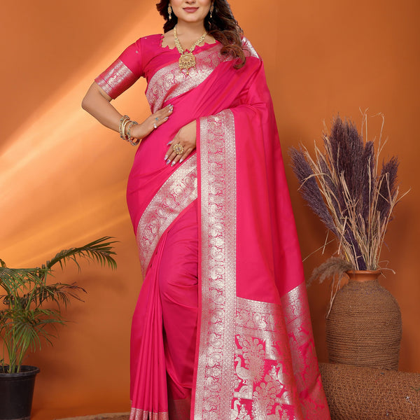 Vedant Vastram Soft Litchi Silk Banarasi Silk Saree - Magenta - Distacart