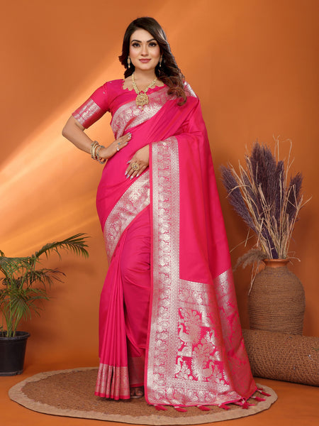 Vedant Vastram Soft Litchi Silk Banarasi Silk Saree - Magenta - Distacart