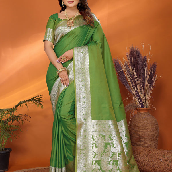 Vedant Vastram Soft Litchi Silk Banarasi Silk Saree - Mahendi - Distacart
