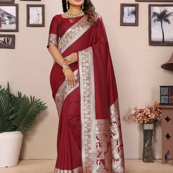 Vedant Vastram Soft Litchi Silk Banarasi Silk Saree - Maroon - Distacart
