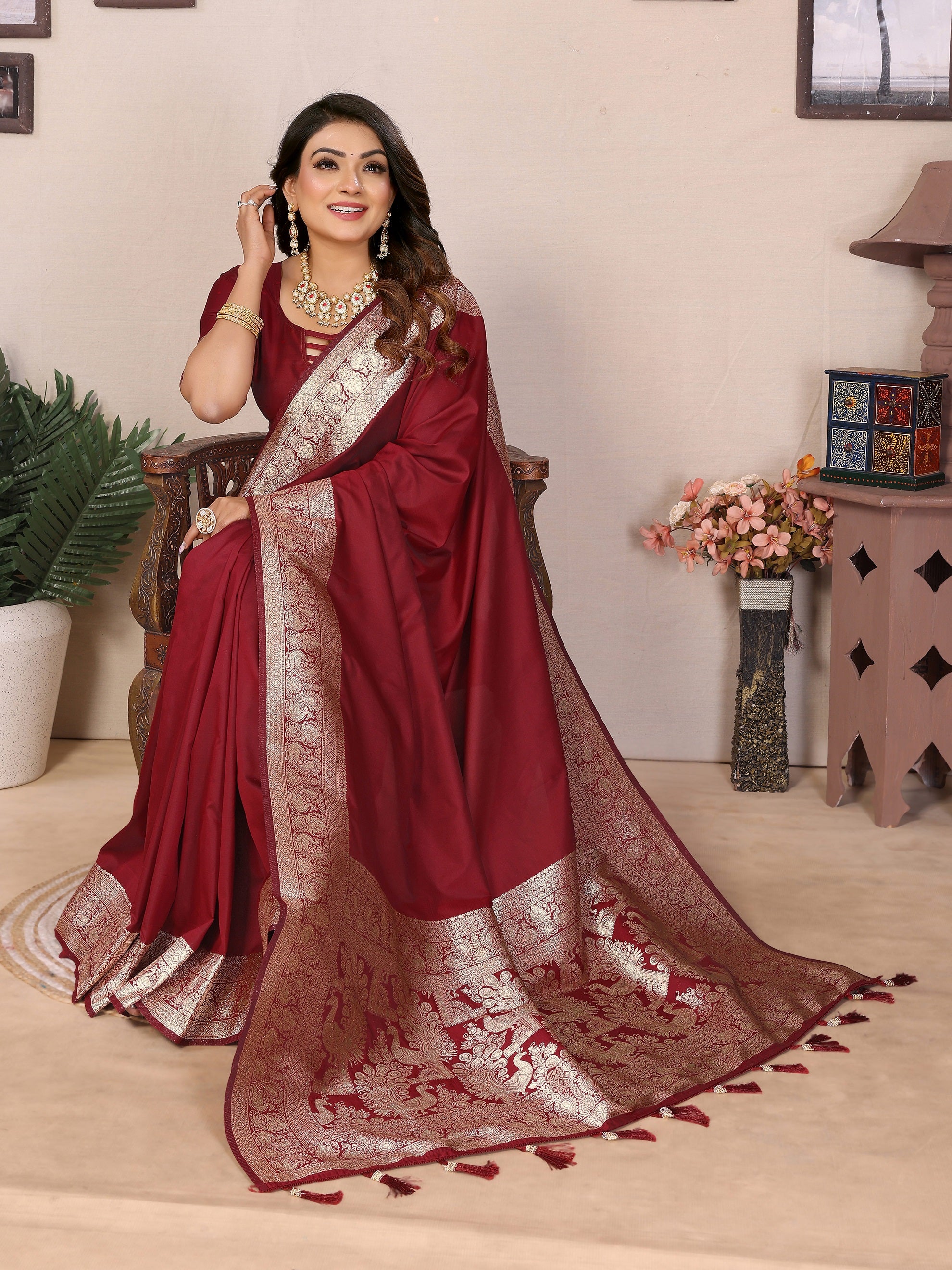 Vedant Vastram Soft Litchi Silk Banarasi Silk Saree - Maroon - Distacart