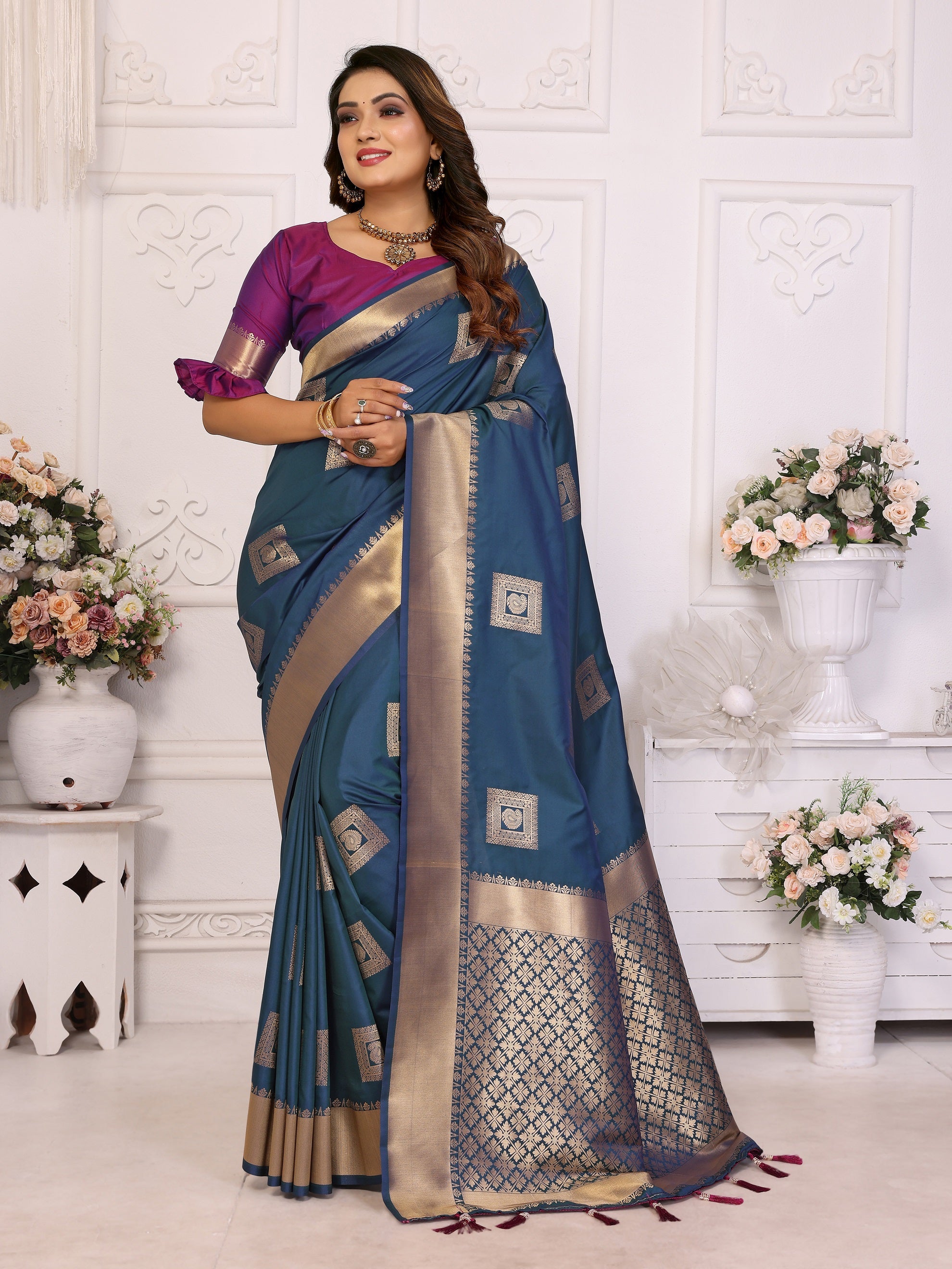 Vedant Vastram Soft Litchi Silk Banarasi Silk Saree - Blue - Distacart