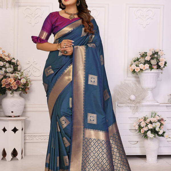Vedant Vastram Soft Litchi Silk Banarasi Silk Saree - Blue - Distacart