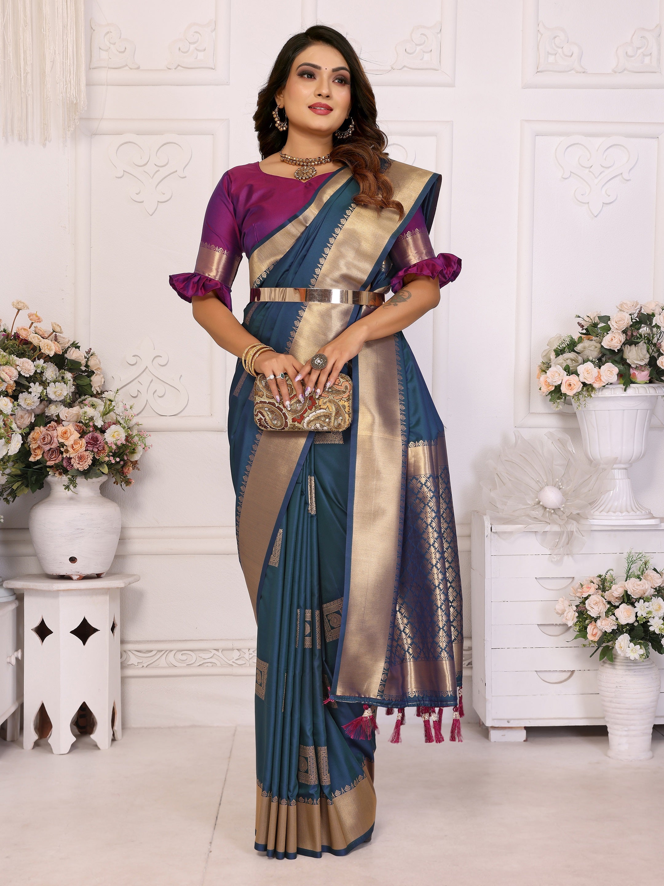 Vedant Vastram Soft Litchi Silk Banarasi Silk Saree - Blue - Distacart