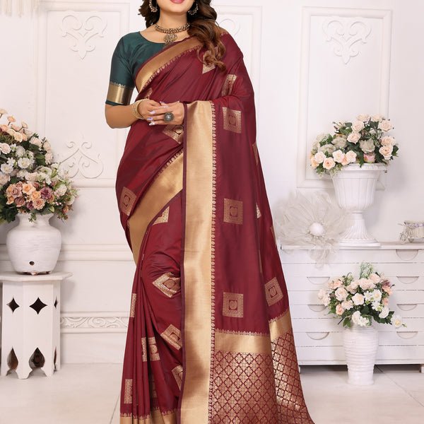 Vedant Vastram Soft Litchi Silk Banarasi Silk Saree - Maroon - Distacart