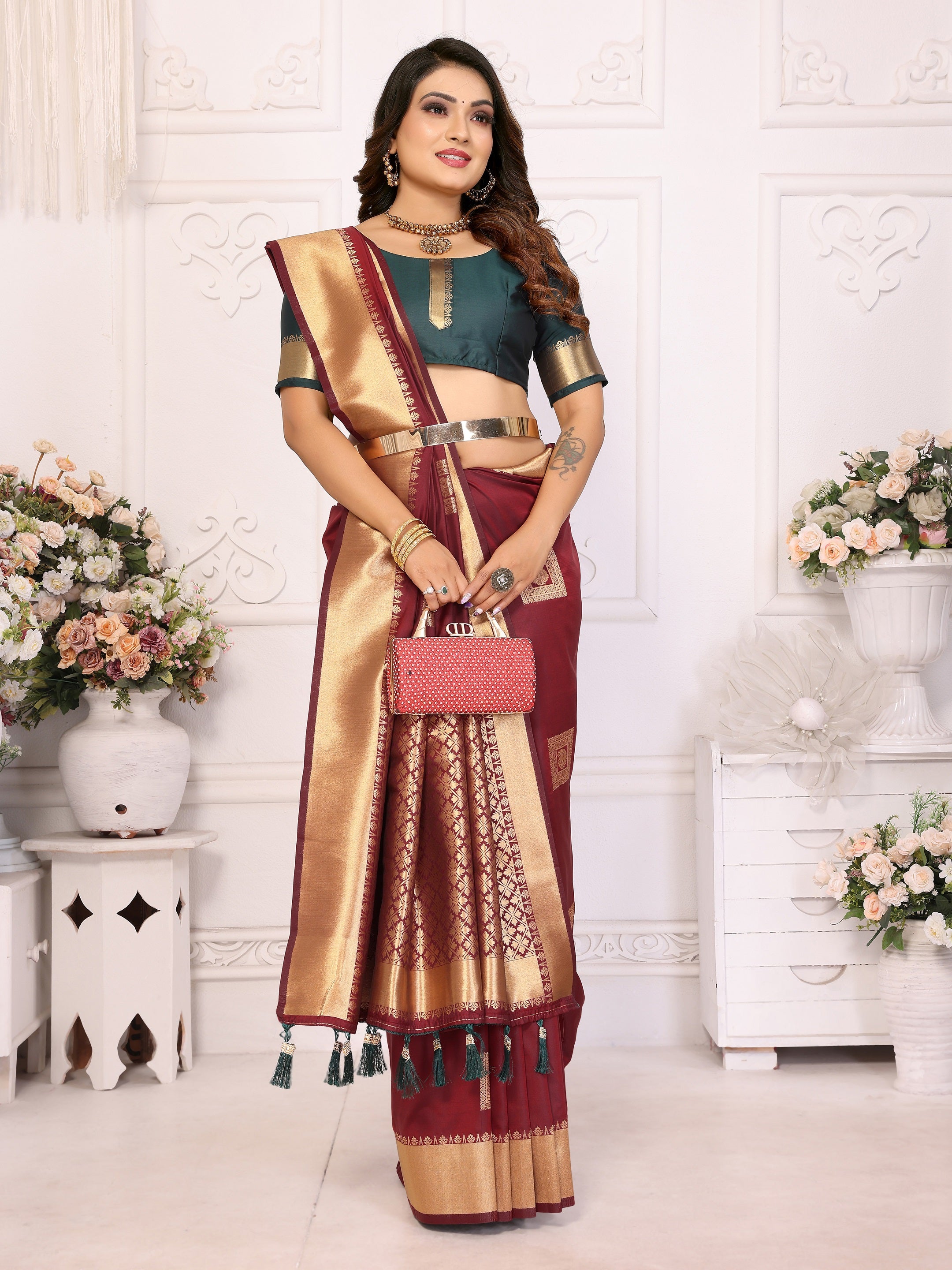 Vedant Vastram Soft Litchi Silk Banarasi Silk Saree - Maroon - Distacart