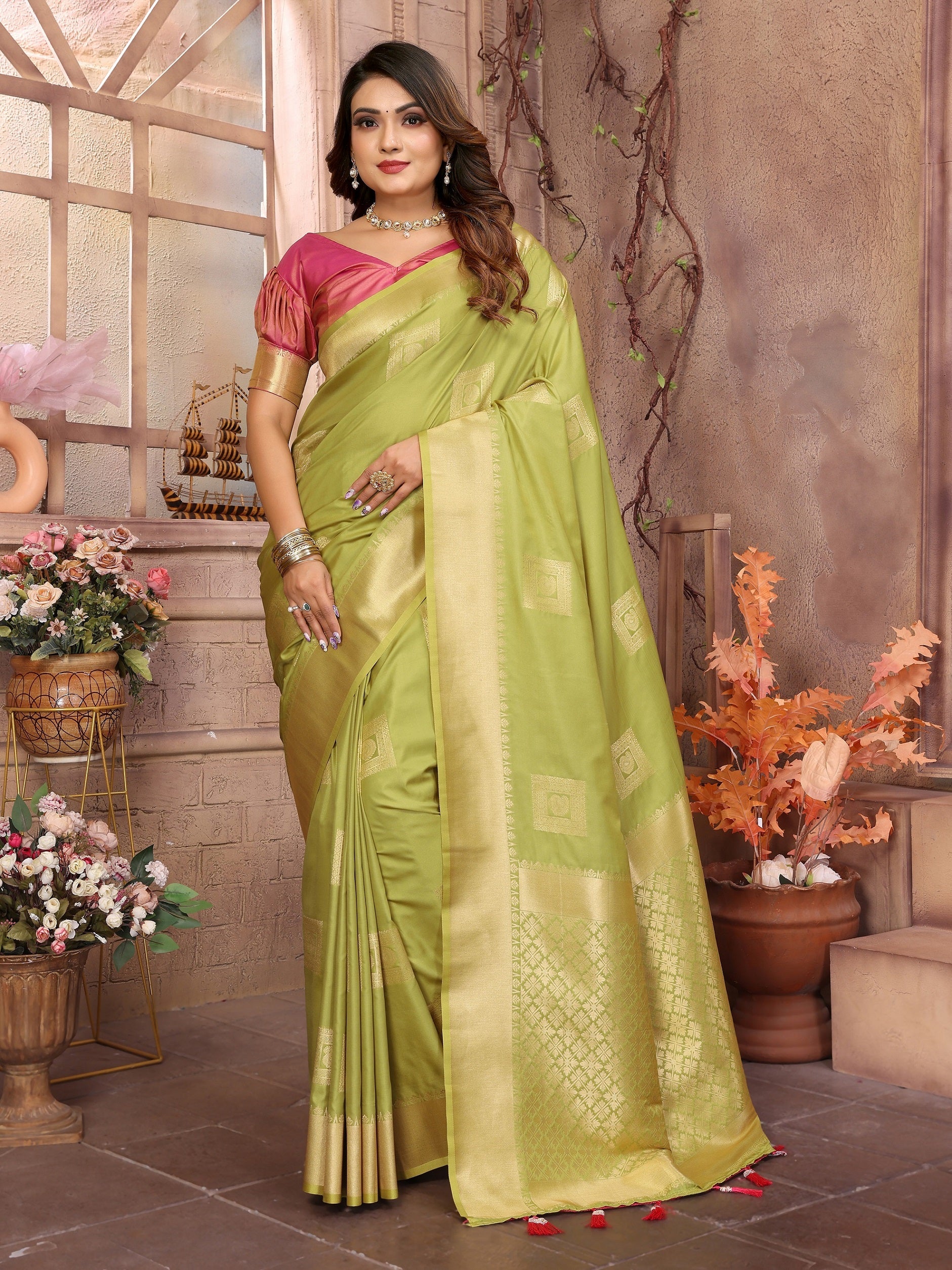 Vedant Vastram Soft Litchi Silk Banarasi Silk Saree - Olive - Distacart