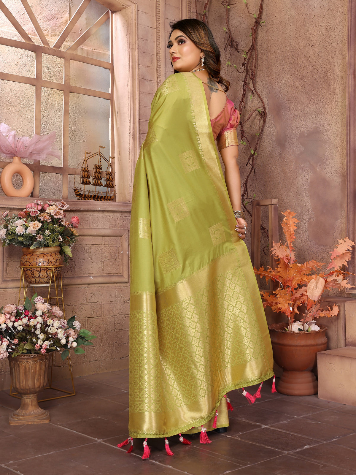 Vedant Vastram Soft Litchi Silk Banarasi Silk Saree - Olive - Distacart