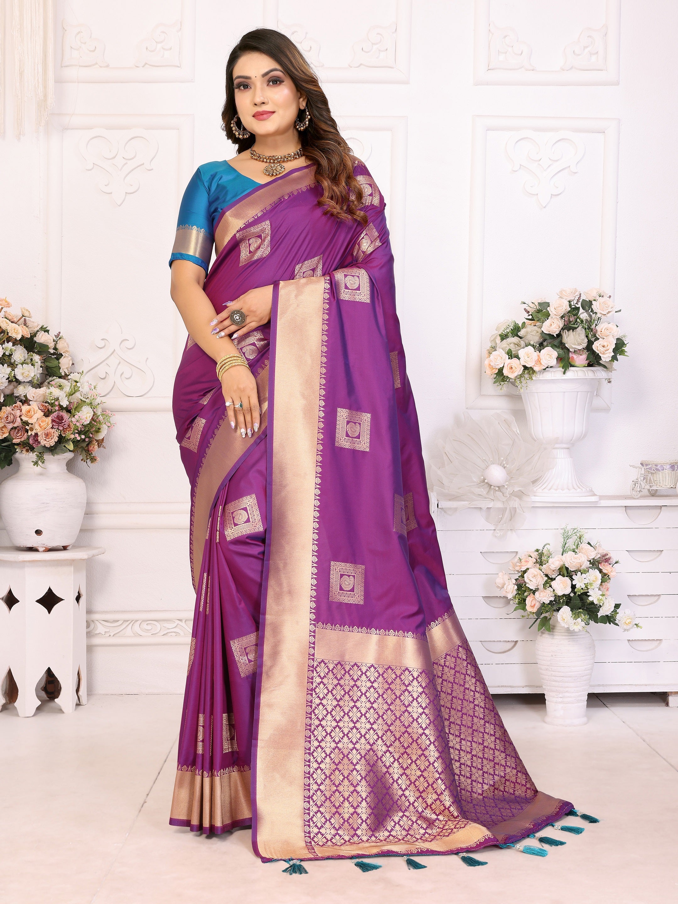 Vedant Vastram Soft Litchi Silk Banarasi Silk Saree - Purple - Distacart