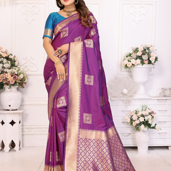 Vedant Vastram Soft Litchi Silk Banarasi Silk Saree - Purple - Distacart