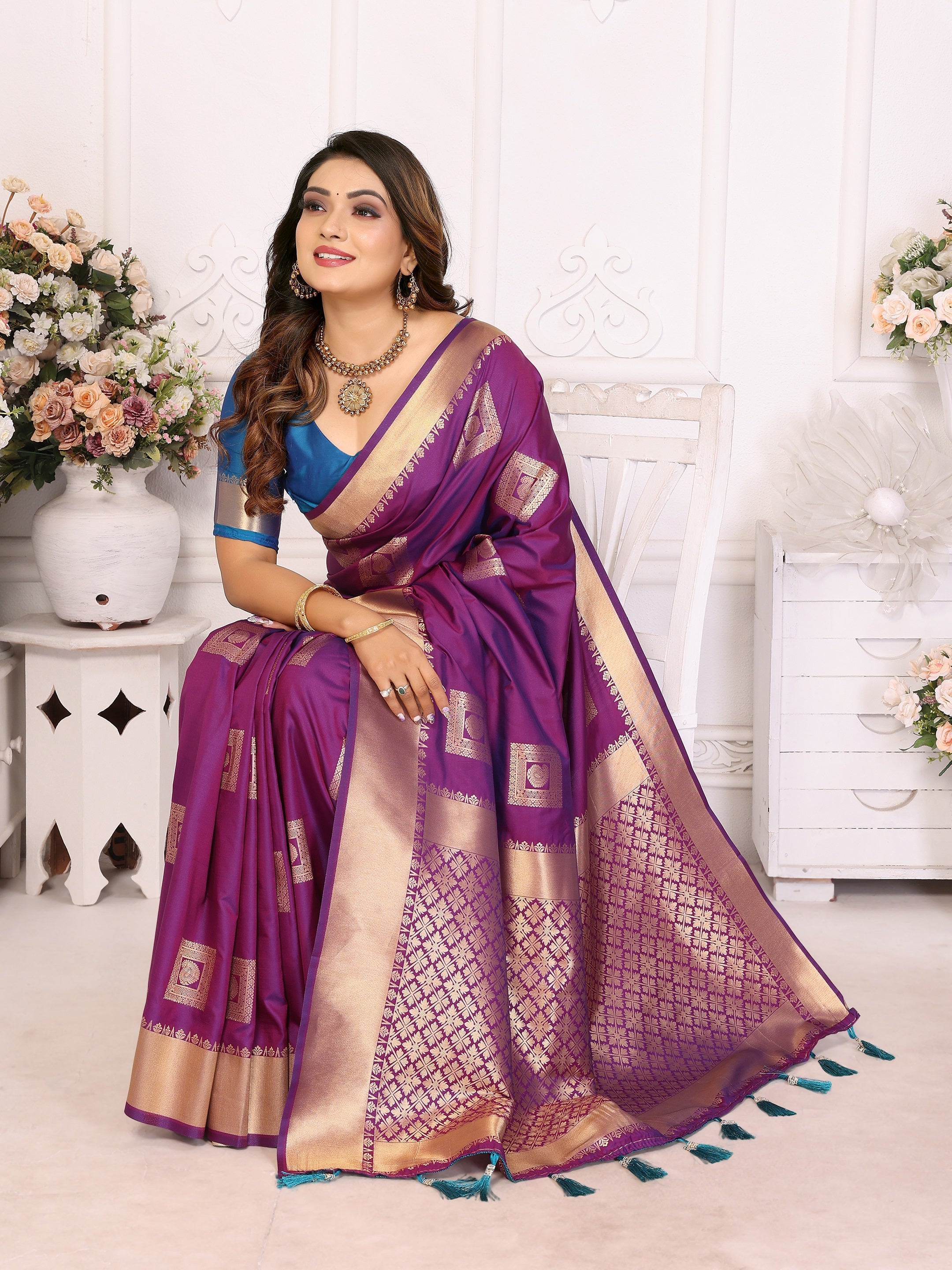 Vedant Vastram Soft Litchi Silk Banarasi Silk Saree - Purple - Distacart