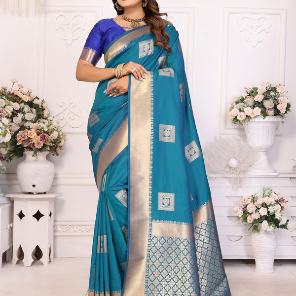Vedant Vastram Soft Litchi Silk Banarasi Silk Saree - Rama - Distacart