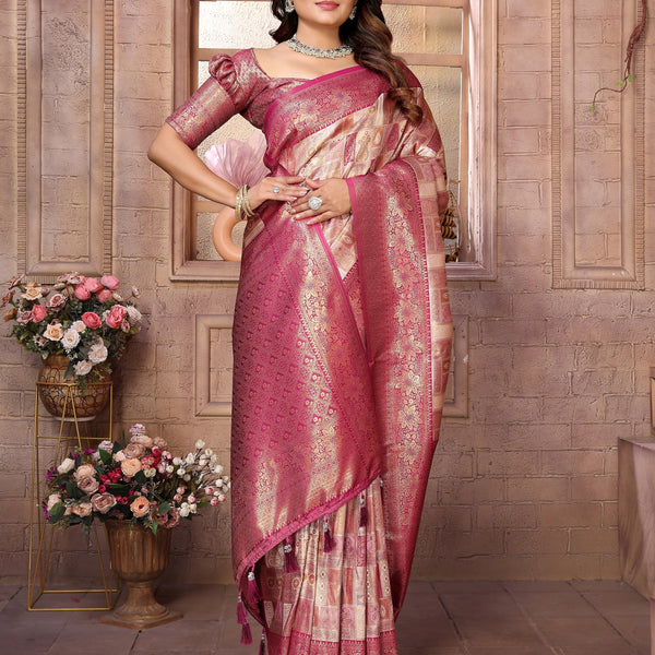 Vedant Vastram Soft Litchi Silk Kanjeevaram Silk Saree - Beige - Distacart